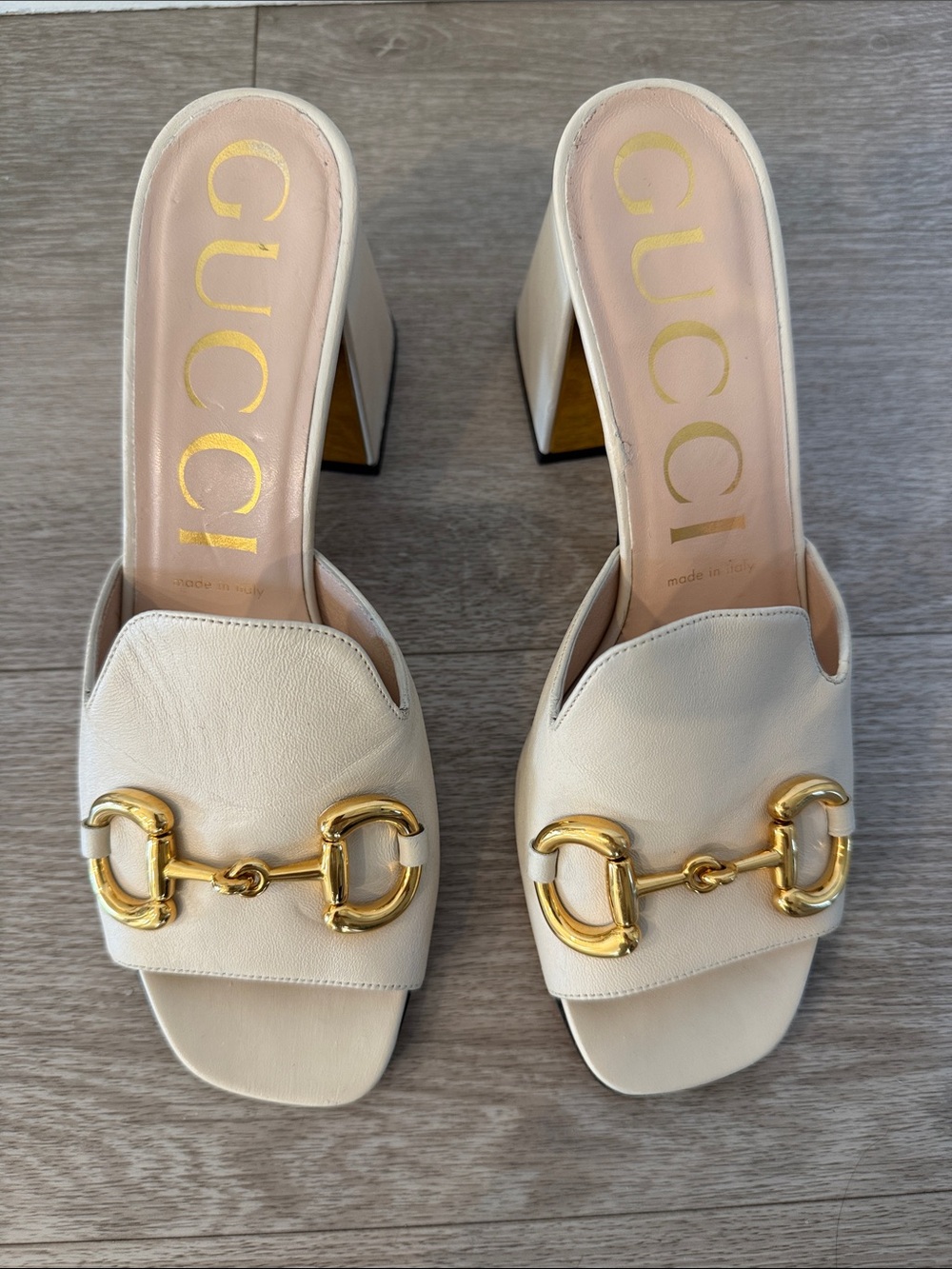Gucci baby Horsebit Mules 38.5 Mystic White Nappa Leather block heels